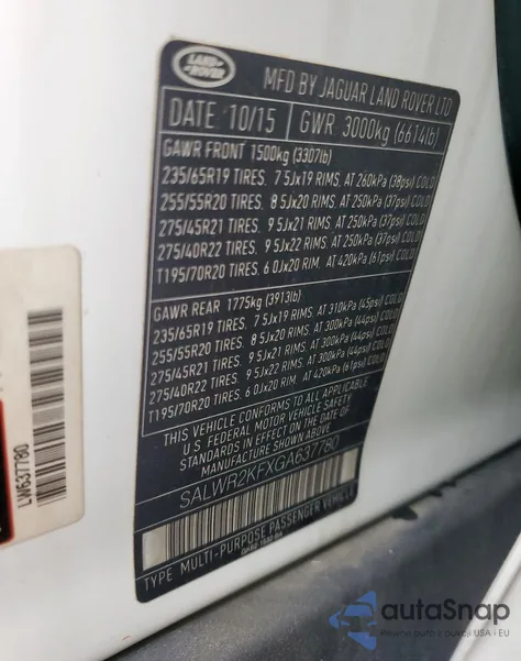 2016 Land Rover Range Rover Sport Hse из США, поврежденный, VIN SALWR2KFXGA637780